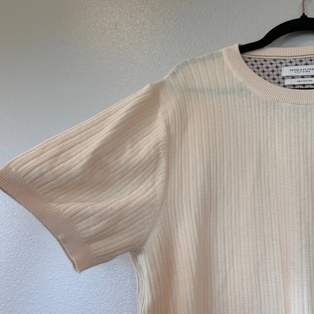 Denim & Flower Ricky Singh Mens Large Cream Ribbed Short Sleeve Cotton Sweater